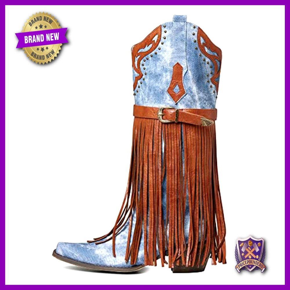 Western Booties Pointed Toe Chunky Heel Embroidered Fringe Pull-On Mid Calf - Picture 6 of 7